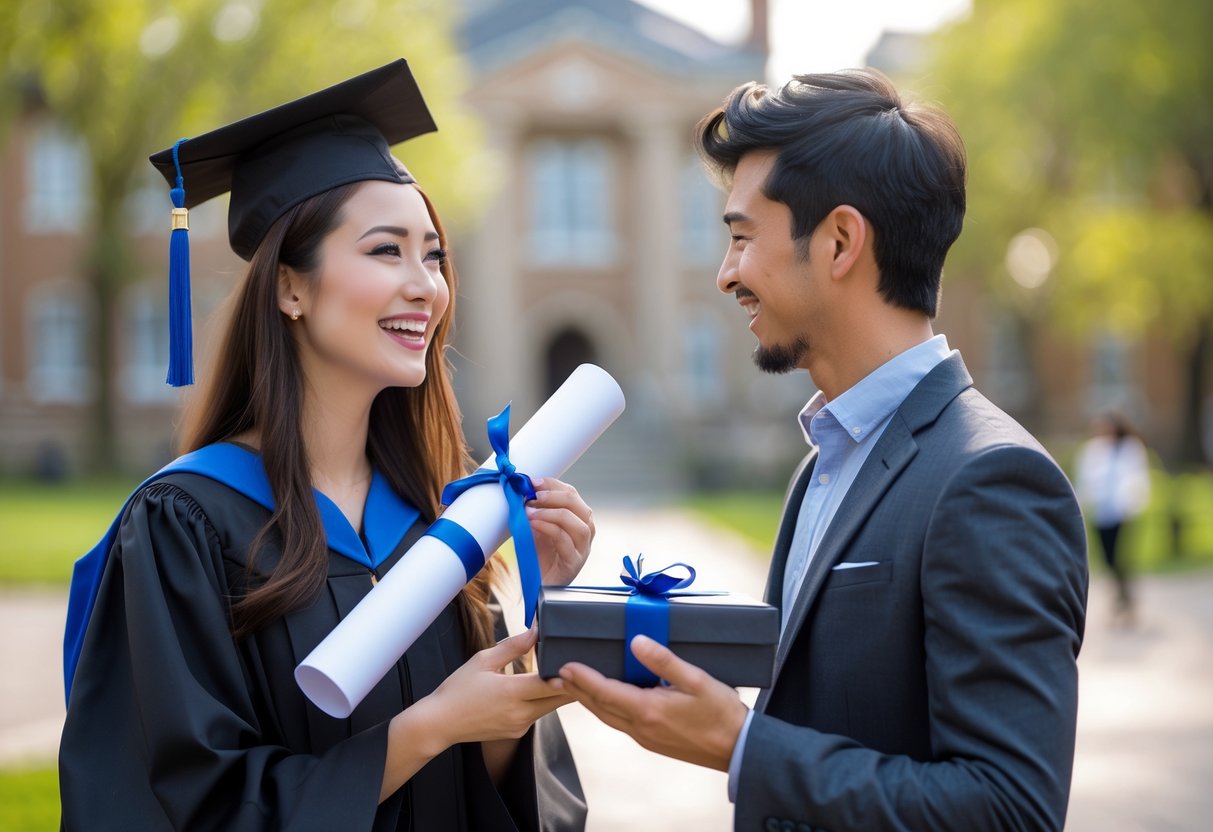A young woman in a graduation cap and gown receiving a gift from her boyfriend outdoors near a university building.
