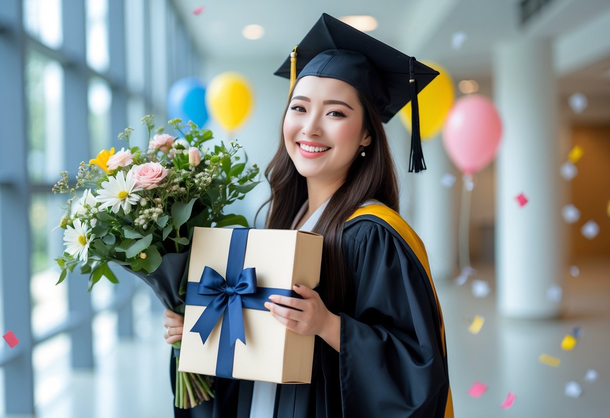 A young woman in graduation cap and gown holding flowers and a wrapped gift, smiling indoors with celebratory decorations.