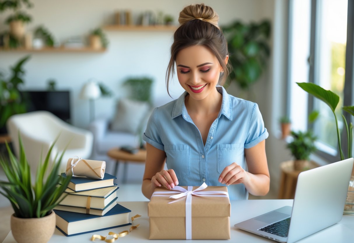 A smiling young woman opening a gift box in a bright home office surrounded by books, a diploma, and houseplants.