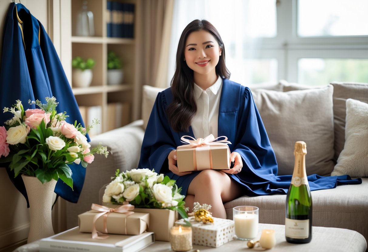 A young woman sitting on a sofa holding a wrapped gift, surrounded by graduation gifts like flowers, a journal, and a candle set in a cozy living room.