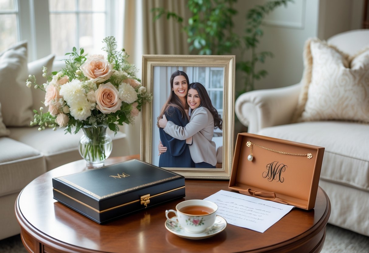 A table displaying elegant gifts including flowers, a framed photo of a mother and daughter, a leather journal, a jewelry box with a pearl necklace, a cup of tea, and a handwritten letter in a cozy living room.
