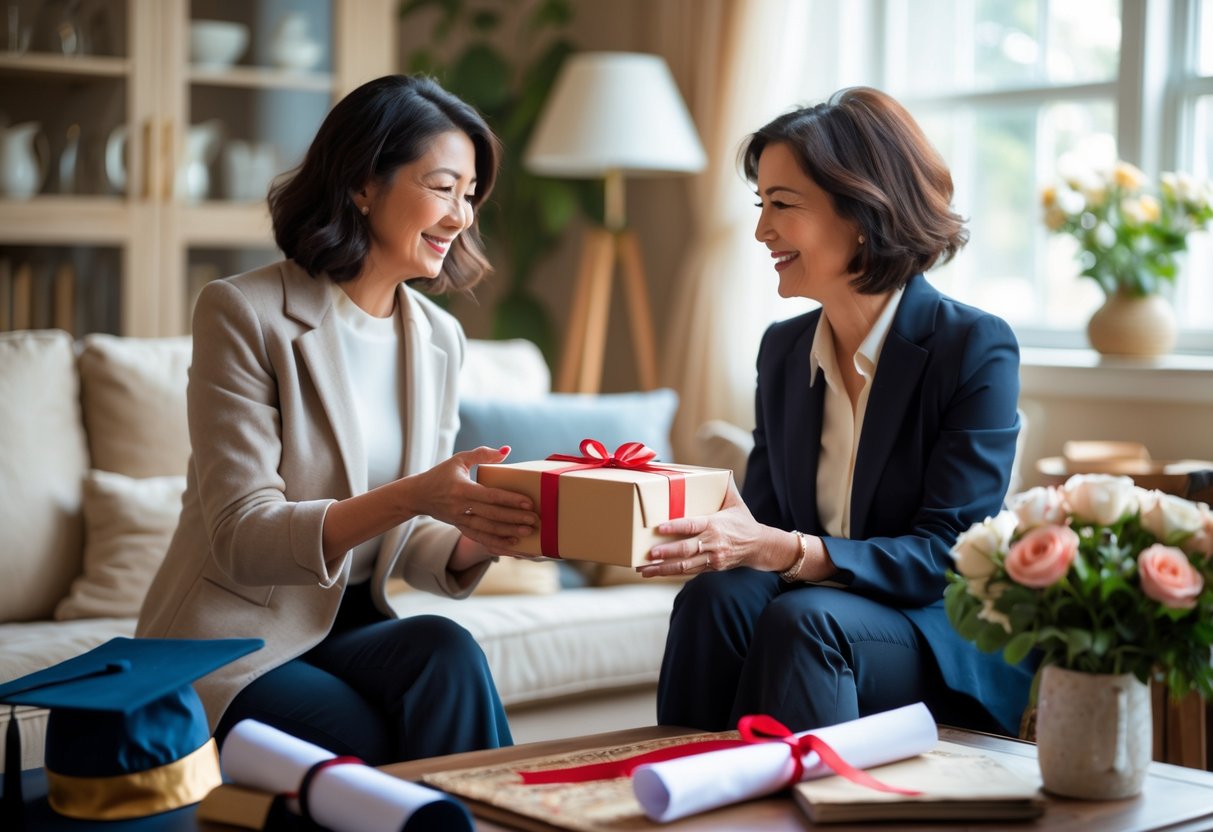 A mother giving a wrapped gift to her smiling daughter in a cozy living room with graduation items on a table nearby.