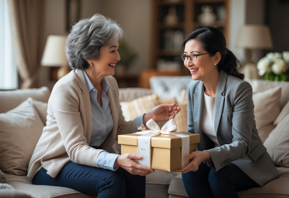 A mother giving a wrapped gift to her daughter in a cozy living room, both smiling warmly.