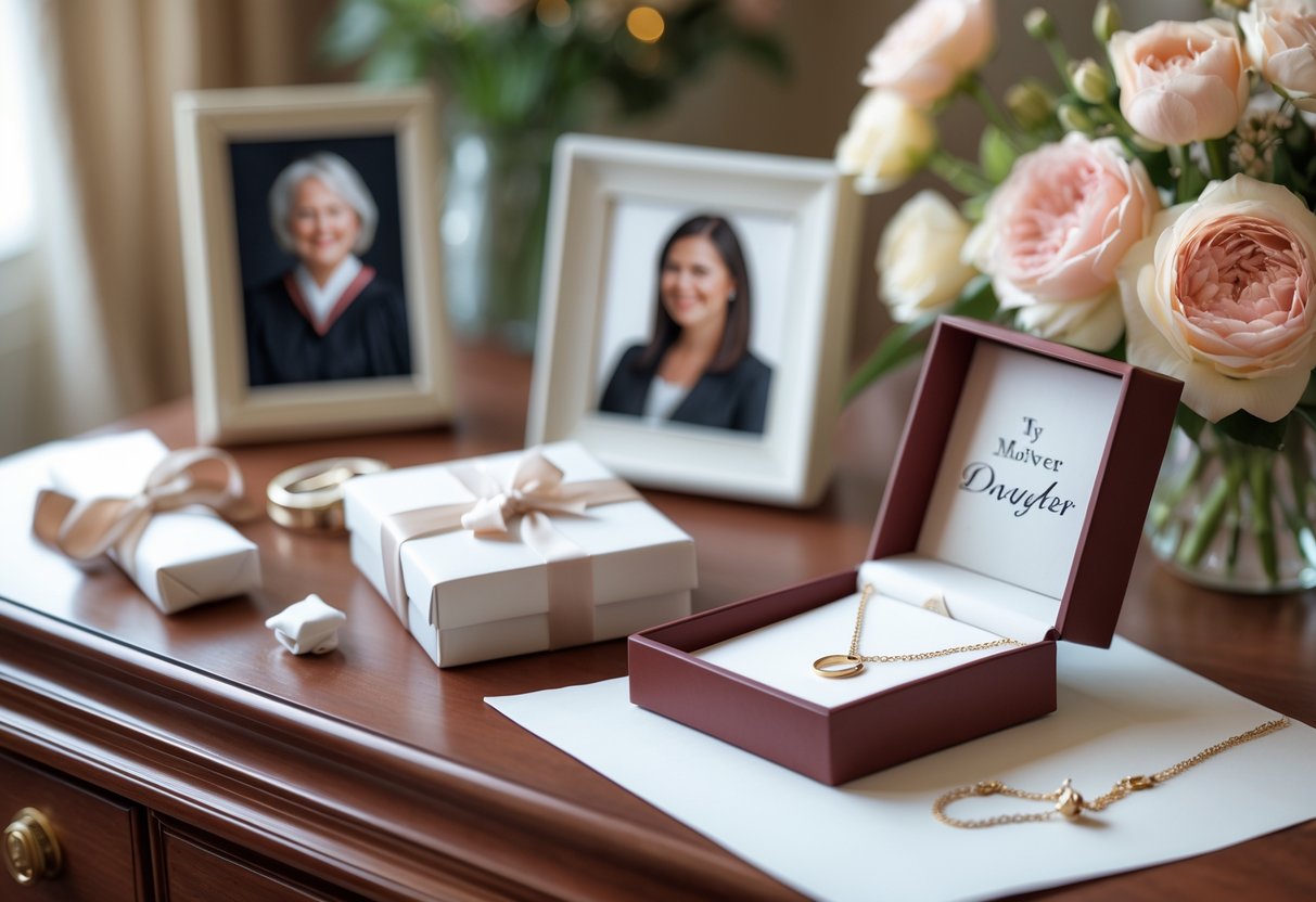 A desk displaying elegant gifts including a jewelry box with a necklace, a framed photo of a mother and daughter, and a bouquet of flowers.
