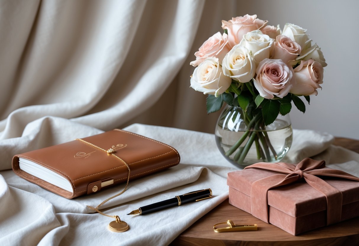 A table displaying elegant gifts including a gold necklace, leather journal, bouquet of roses, and a fountain pen, symbolizing a mother celebrating her daughter's PhD achievement.
