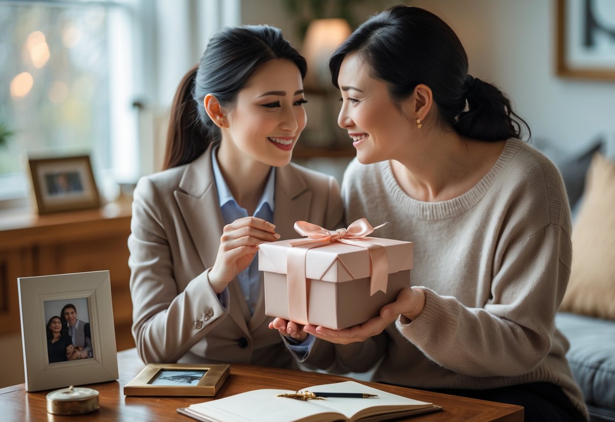 A mother and daughter share a heartfelt moment as the daughter receives a beautifully wrapped gift in a cozy living room with sentimental keepsakes on a table nearby.