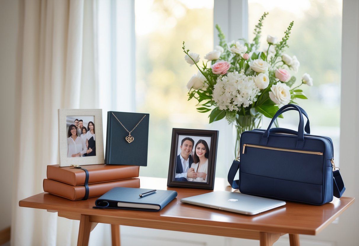 A table displaying elegant graduation gifts including a leather journal, silver necklace, framed photo, laptop bag, and a bouquet of flowers.