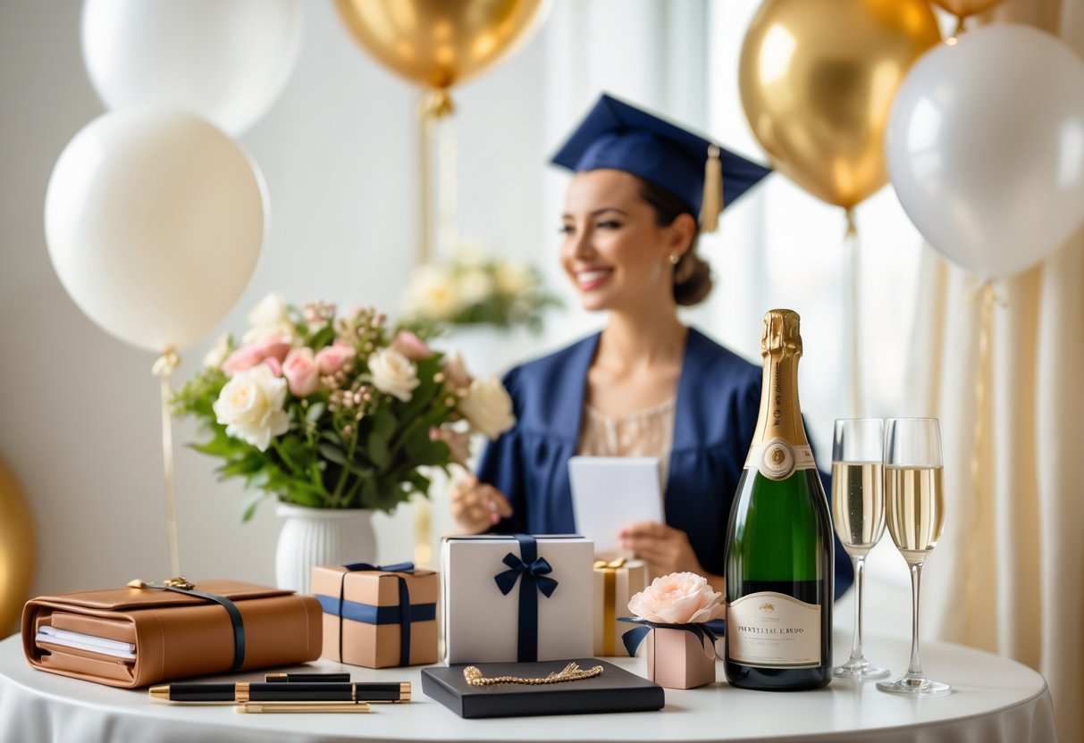 A decorated table with gifts including a journal, pen set, flowers, jewelry box, and champagne, with a smiling female graduate holding a diploma in the background.