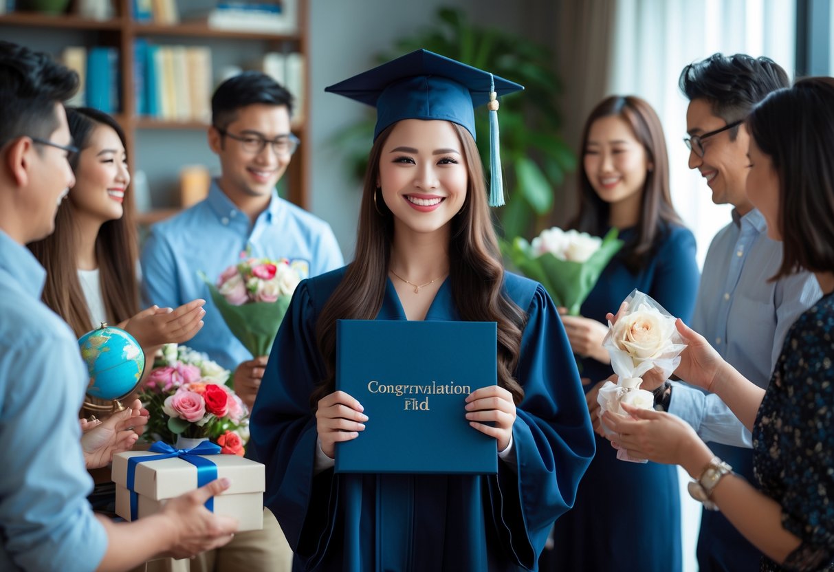 A young woman in a graduation cap and gown holding her diploma, surrounded by friends and family giving her gifts in a decorated room.
