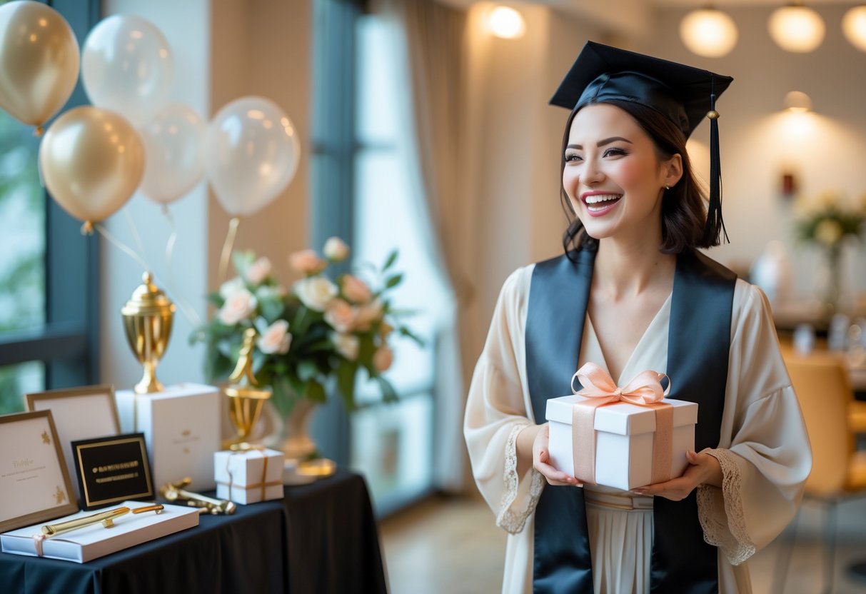 A young woman celebrating her PhD graduation at a party, holding a wrapped gift box and smiling, with a decorated table of graduation gifts nearby.