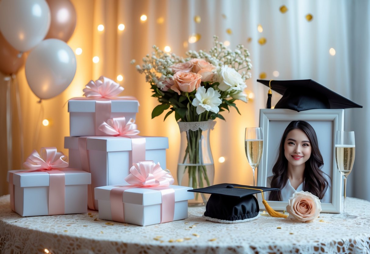 A decorated table with personalized gift boxes, flowers, a graduation cap, and champagne glasses set for a woman's PhD graduation celebration.