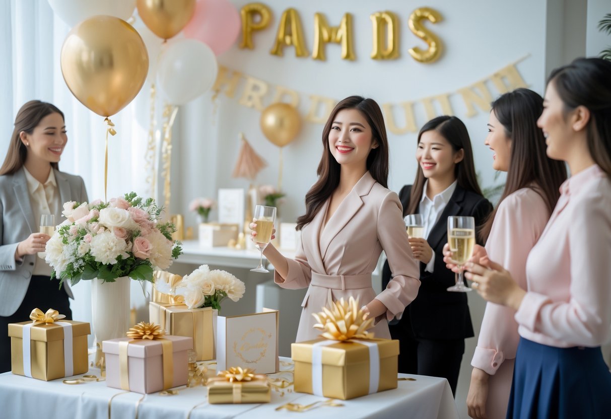 A female graduate smiling near a decorated table with gifts at a PhD graduation party surrounded by friends and family celebrating her achievement.