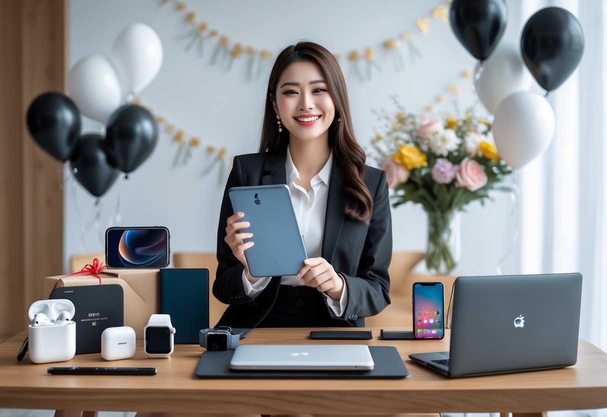 A young woman graduate holding a tablet, surrounded by modern technology gifts on a table with party decorations in the background.