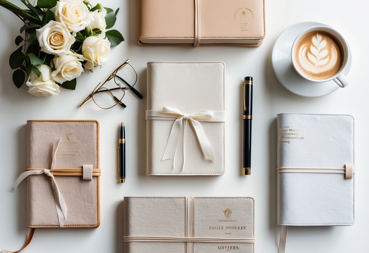 A flat lay of elegant journals, notebooks, a fountain pen, glasses, flowers, and a cup of coffee arranged on a white surface.
