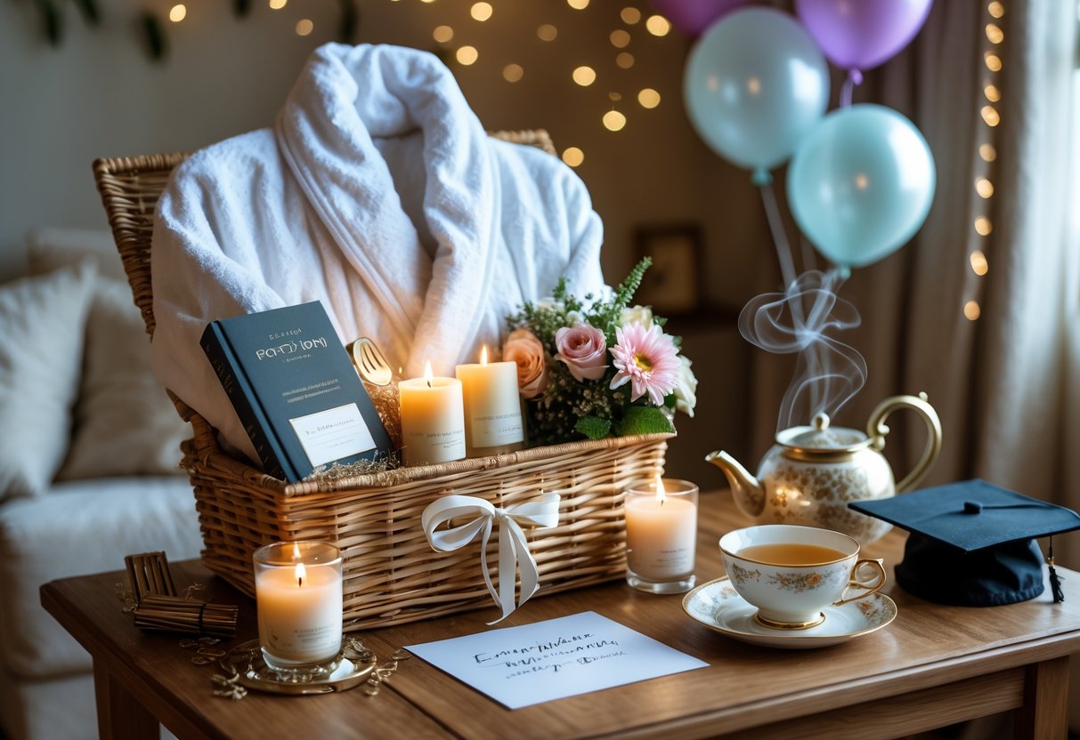 A gift basket and relaxation package with candles, flowers, tea, chocolates, and a book on a wooden table, set for a PhD graduation celebration.