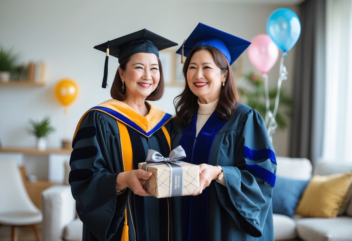 A proud aunt and her niece celebrating the niece's PhD graduation, with the niece in a graduation gown holding her diploma and the aunt presenting a gift.