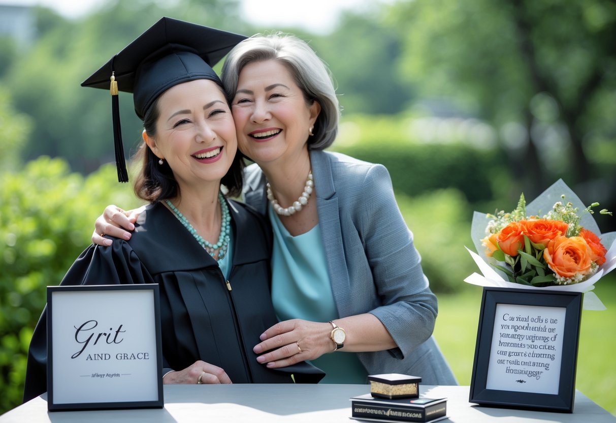 An aunt embraces her niece wearing a graduation cap and gown outdoors, celebrating the niece's PhD achievement with gifts nearby.