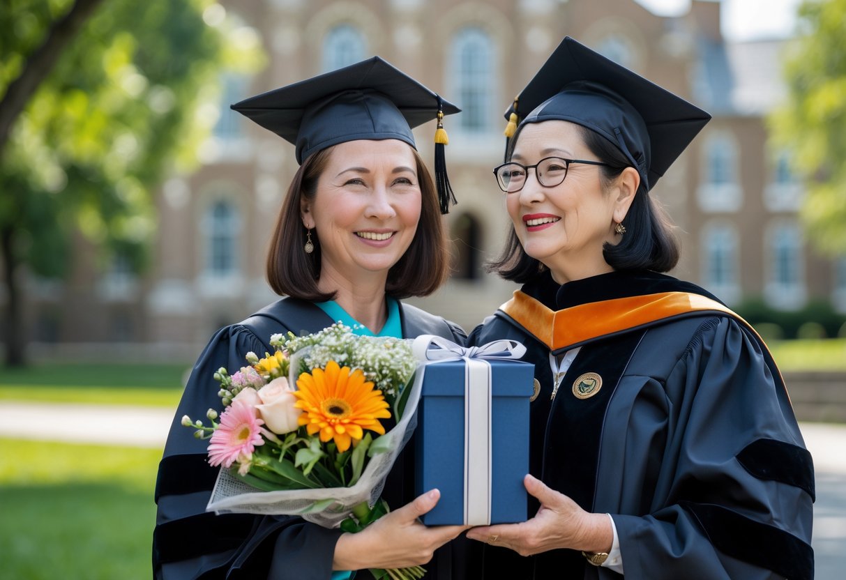 An aunt and her niece in graduation attire smiling together outdoors on a sunny day, holding flowers and a gift.