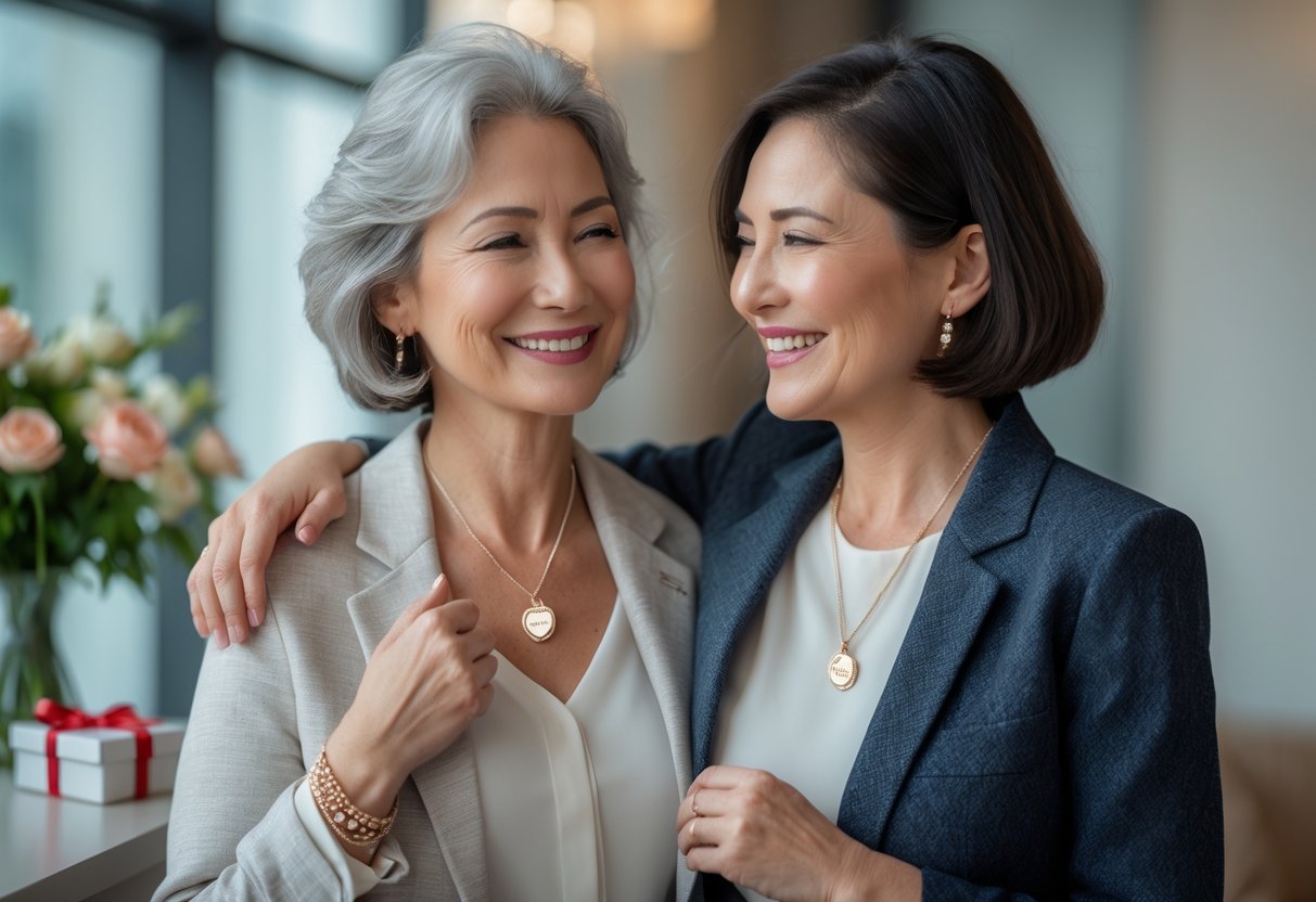 An aunt and her niece smiling together indoors, the niece wearing elegant personalized jewelry celebrating her PhD graduation.