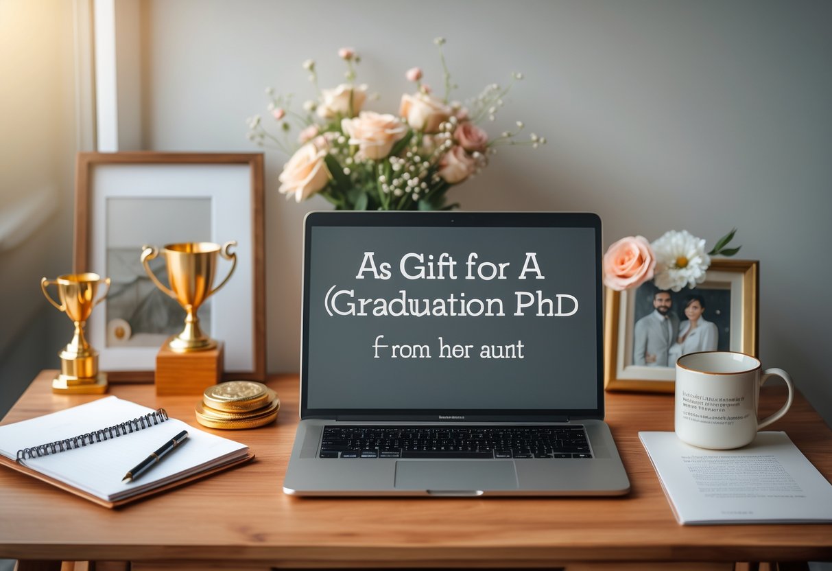 A neatly arranged workspace with a laptop, notebook, coffee mug, flowers, and a small trophy on a wooden desk.