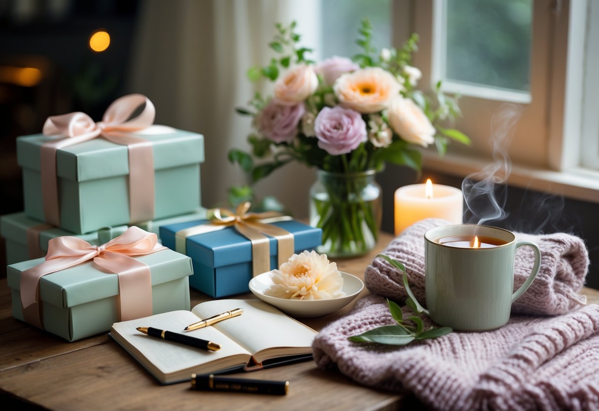 A gift set on a wooden table with wrapped presents, flowers, a journal, a candle, a blanket, and a cup of tea, celebrating a PhD graduation.