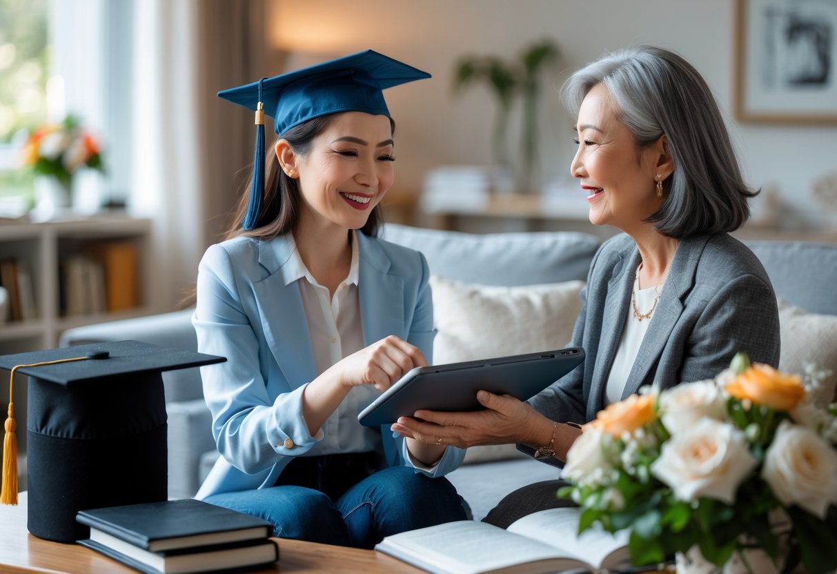 A young woman receiving tech gifts from her aunt in a cozy living room, celebrating her PhD graduation with smiles and warm interaction.