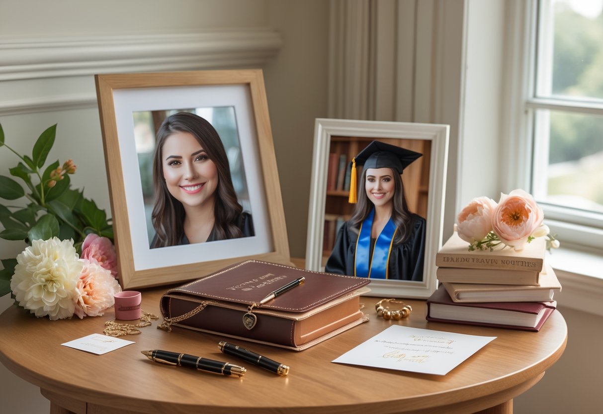 A table displaying personalized graduation gifts including an engraved pen, leather journal, framed graduation photo, and jewelry, surrounded by flowers and books.