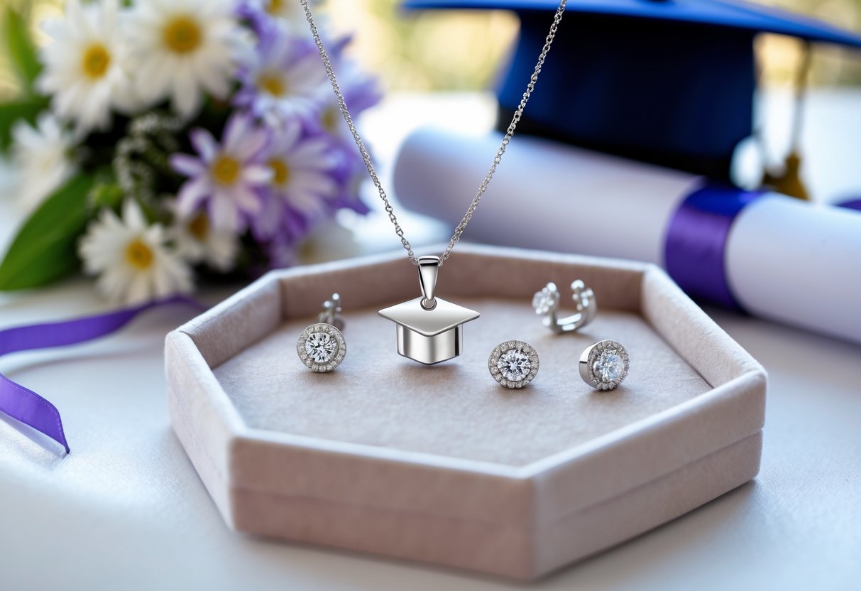 Close-up of elegant jewelry gifts including a necklace, earrings, and bracelet arranged with flowers and graduation items in the background.