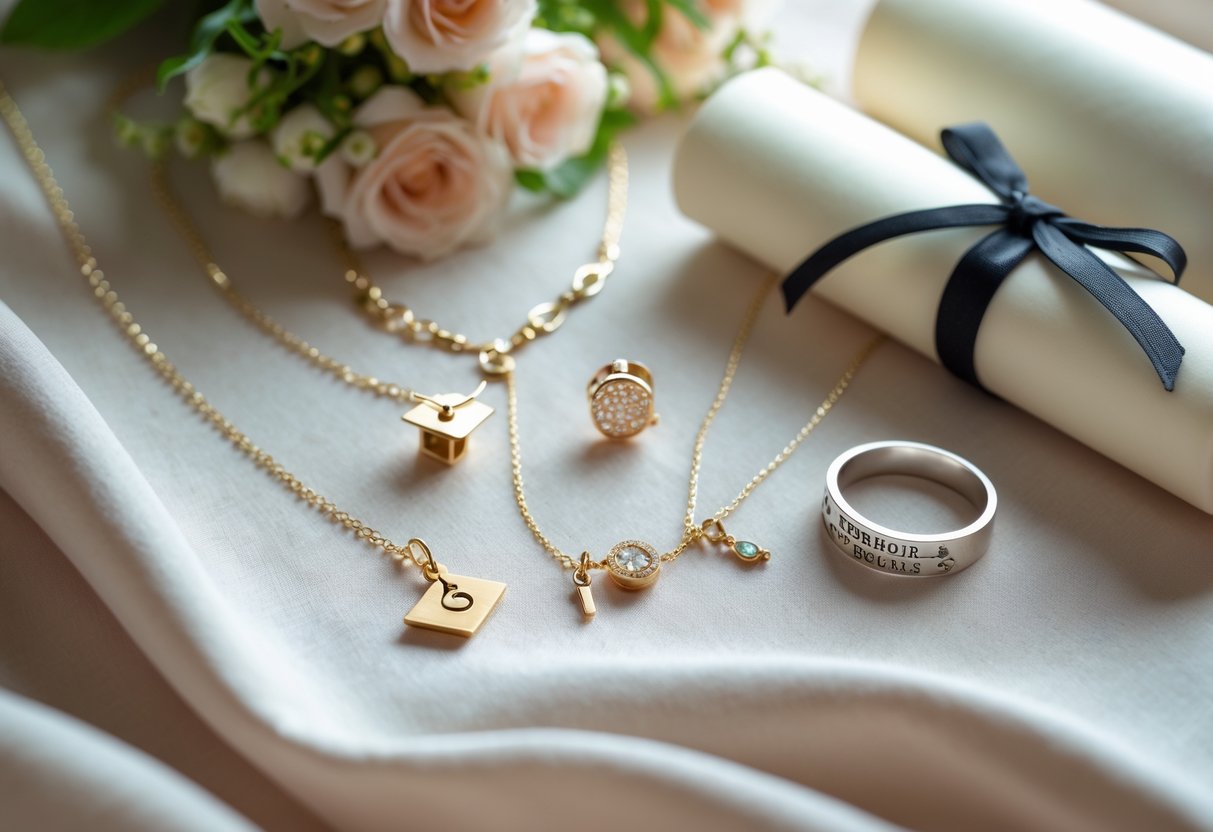 A collection of elegant jewelry including a gold necklace with a graduation cap pendant, stud earrings, a charm bracelet, and a silver ring arranged on fabric with a diploma and flowers in the background.
