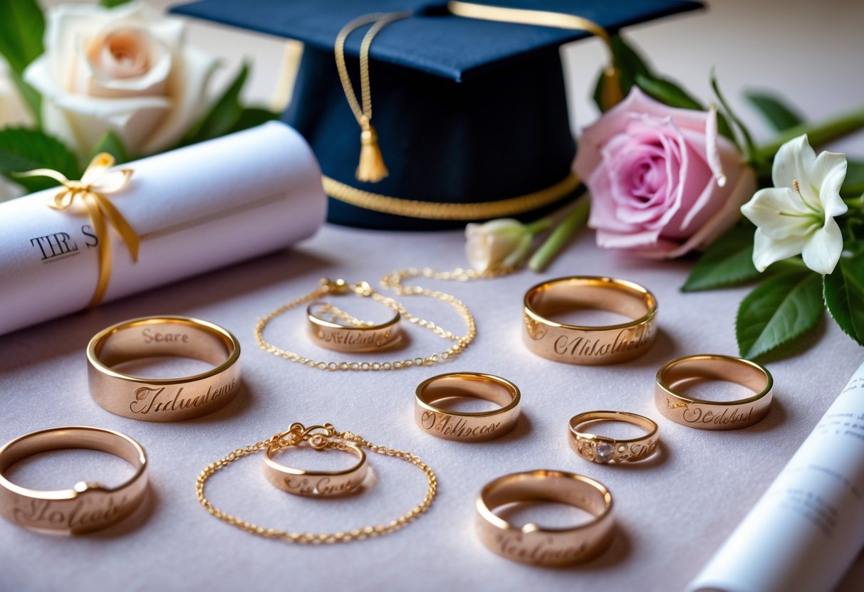 A collection of personalized jewelry pieces arranged with a graduation cap, diploma, and flowers to celebrate a sister's PhD graduation.