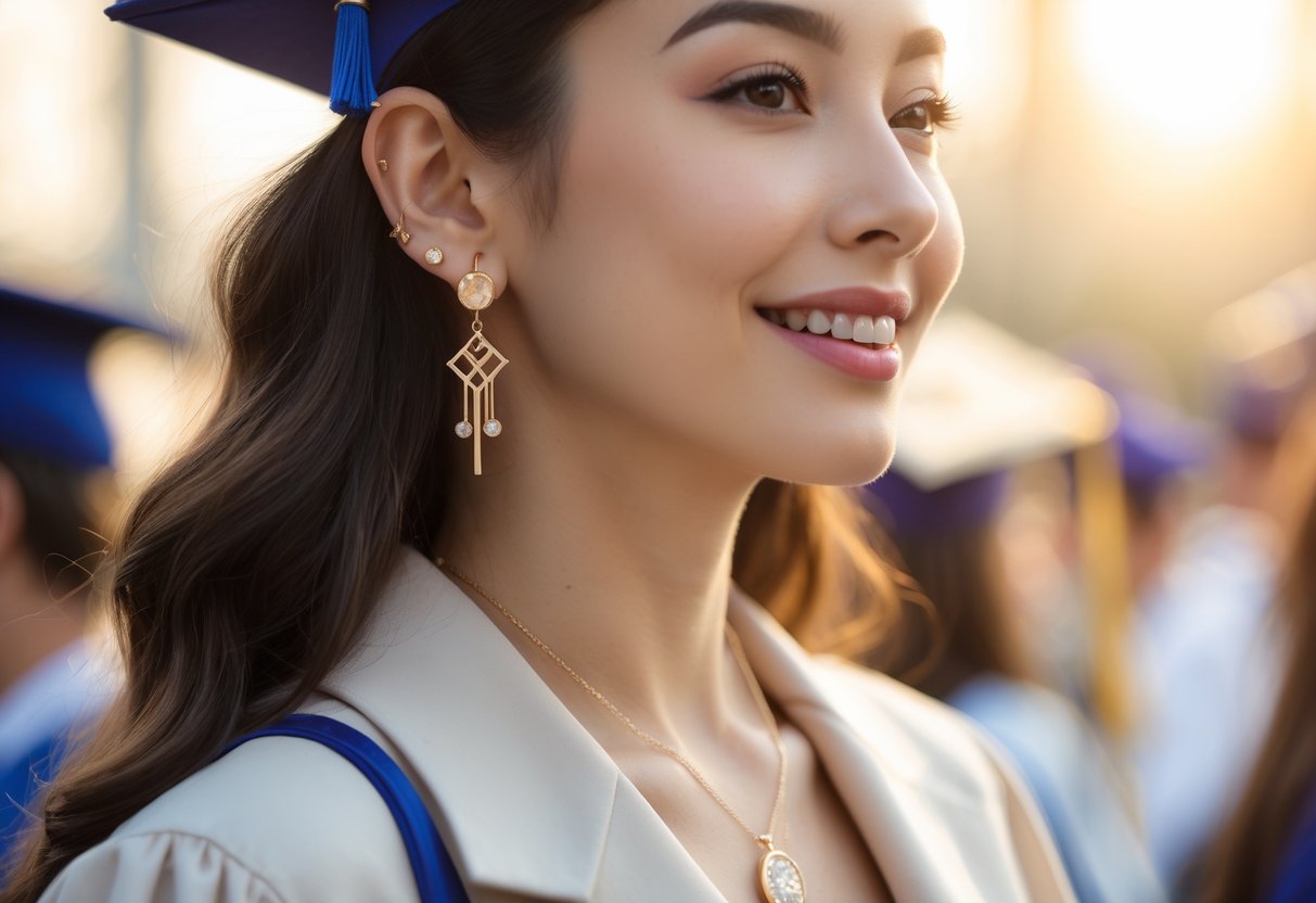 A young woman smiling and wearing elegant jewelry while celebrating her graduation.