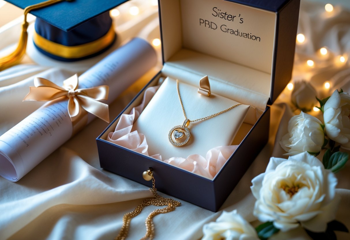 An open gift box with a necklace inside, surrounded by a graduation cap, diploma, and flowers.