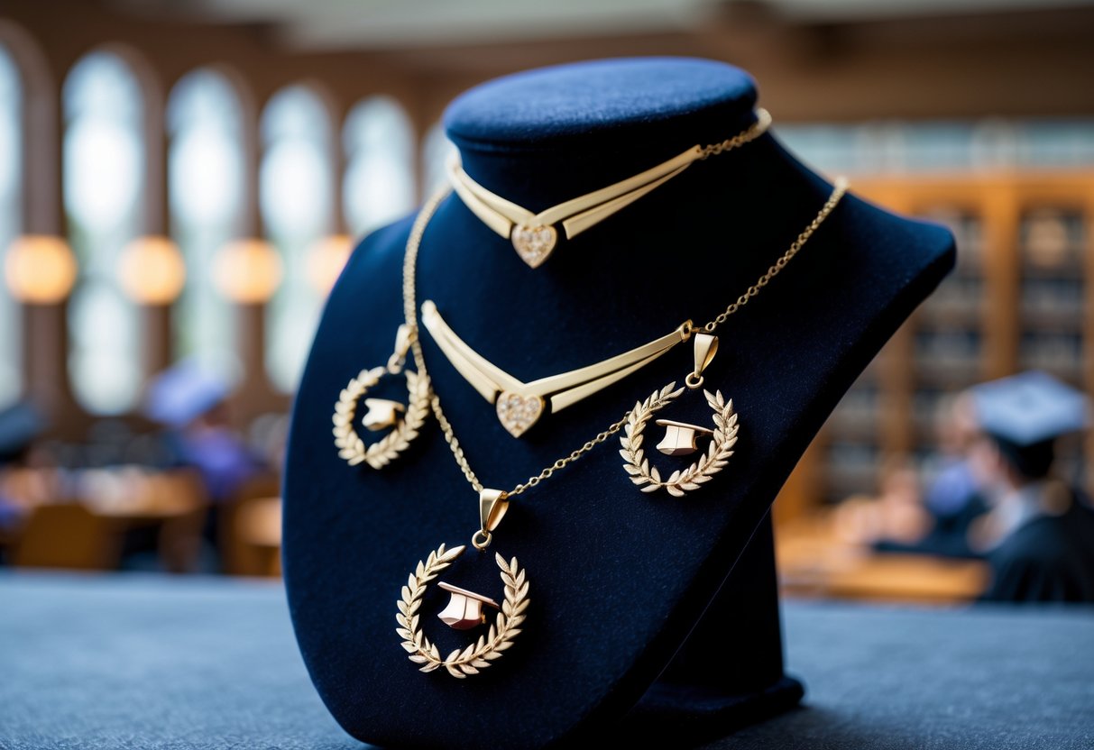 Close-up of a gold necklace and earrings with academic-themed designs displayed on a velvet stand, set against a blurred background of a university setting.