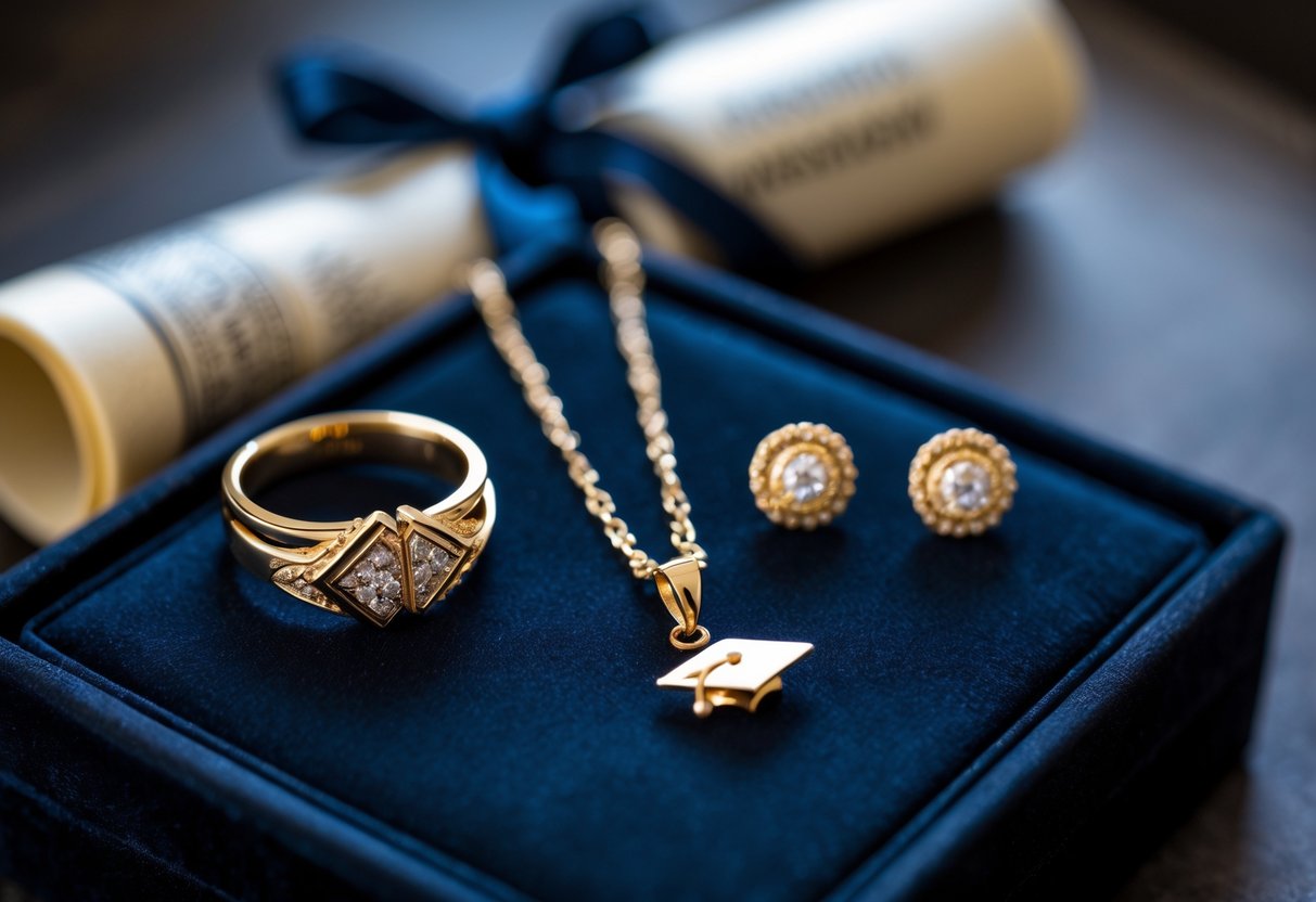 Close-up of elegant jewelry including a gold ring, necklace with graduation cap pendant, and stud earrings arranged on a velvet surface with a blurred diploma scroll in the background.