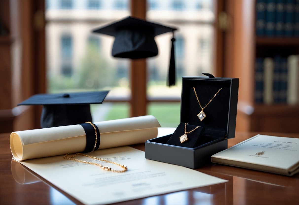 A jewelry box with a gold necklace next to a rolled PhD diploma on a wooden table, with a graduation cap and books blurred in the background.