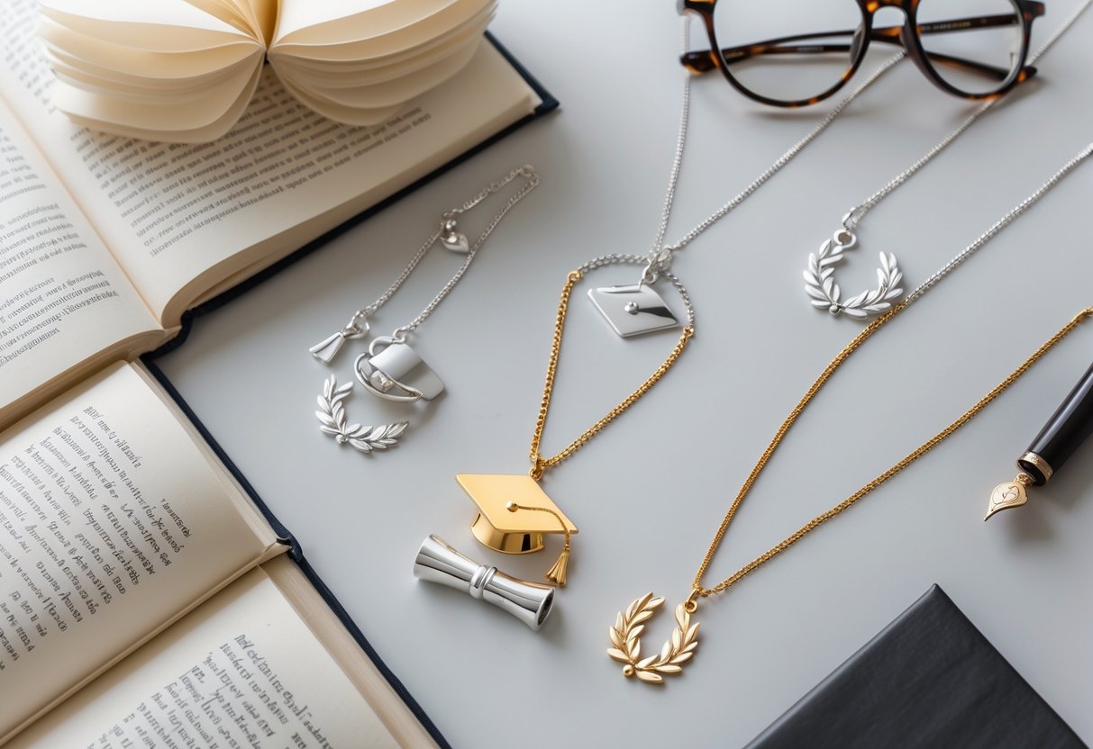 A collection of elegant jewelry pieces including a graduation cap pendant, diploma scroll necklace, and laurel wreath ring displayed with academic items like an open book and reading glasses.