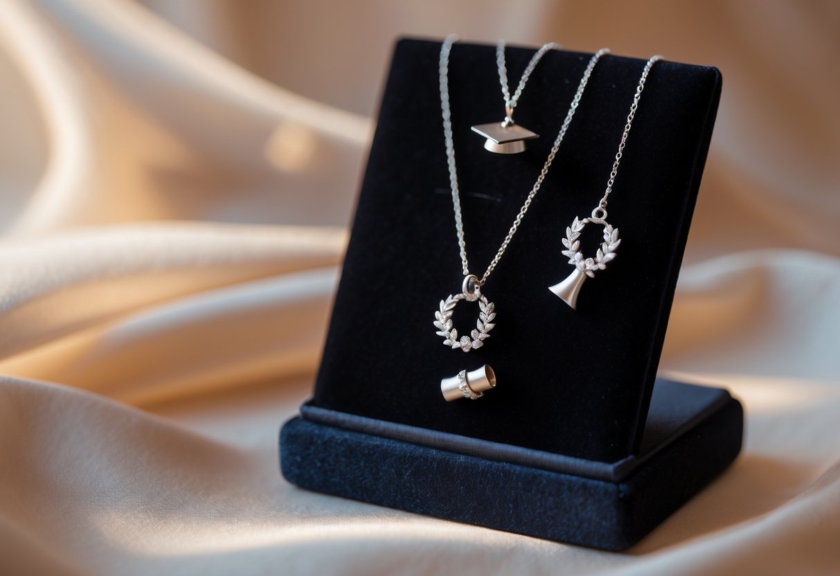 Close-up of elegant graduation jewelry including a necklace and ring with academic-themed charms displayed on a black velvet stand.