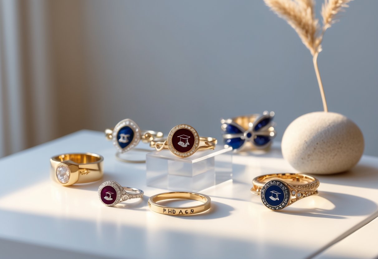 Close-up of elegant PhD graduation jewelry including rings and pendants with academic symbols displayed on a soft surface.