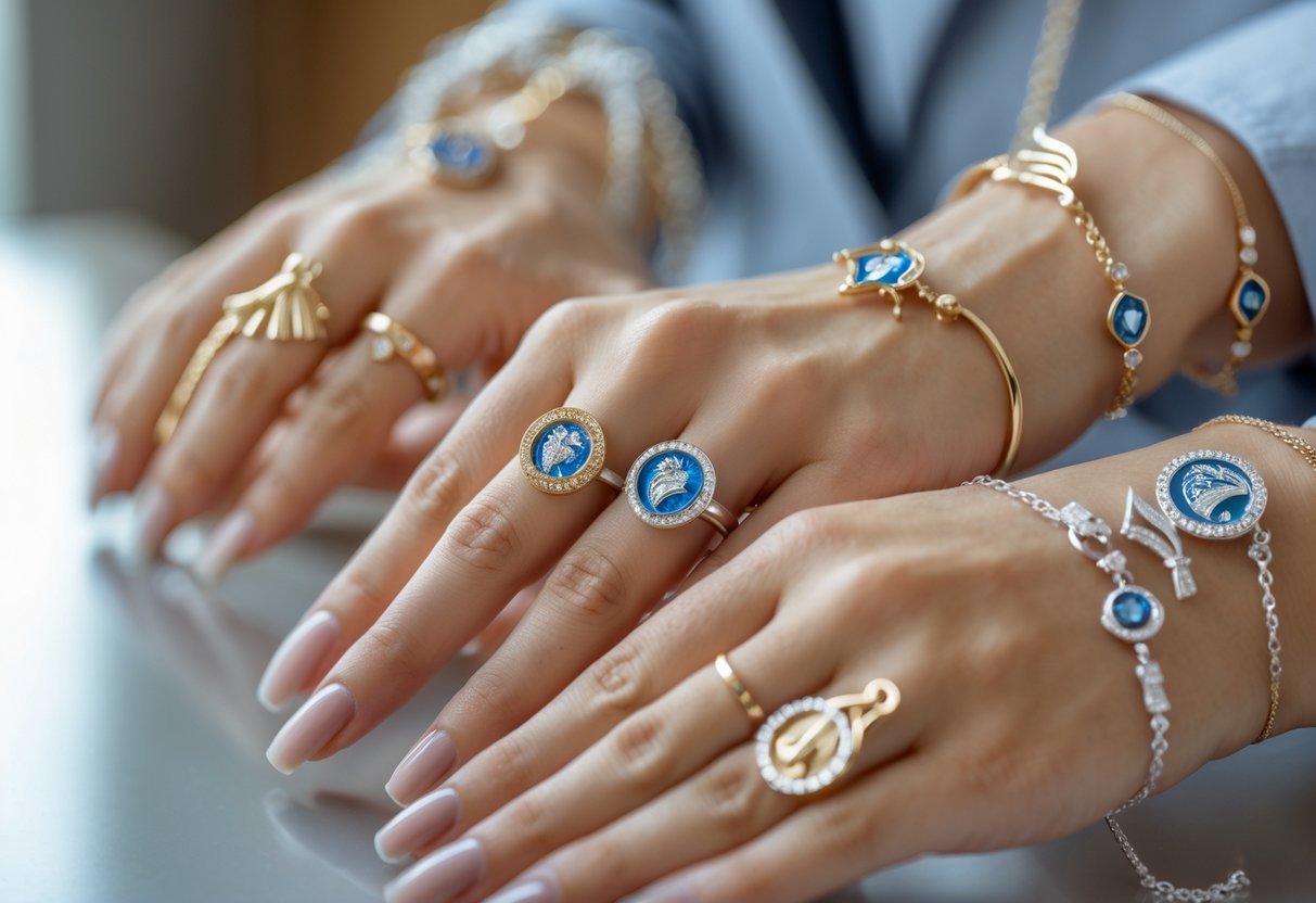 Close-up of hands wearing elegant graduation jewelry with academic motifs like diplomas and laurel wreaths.