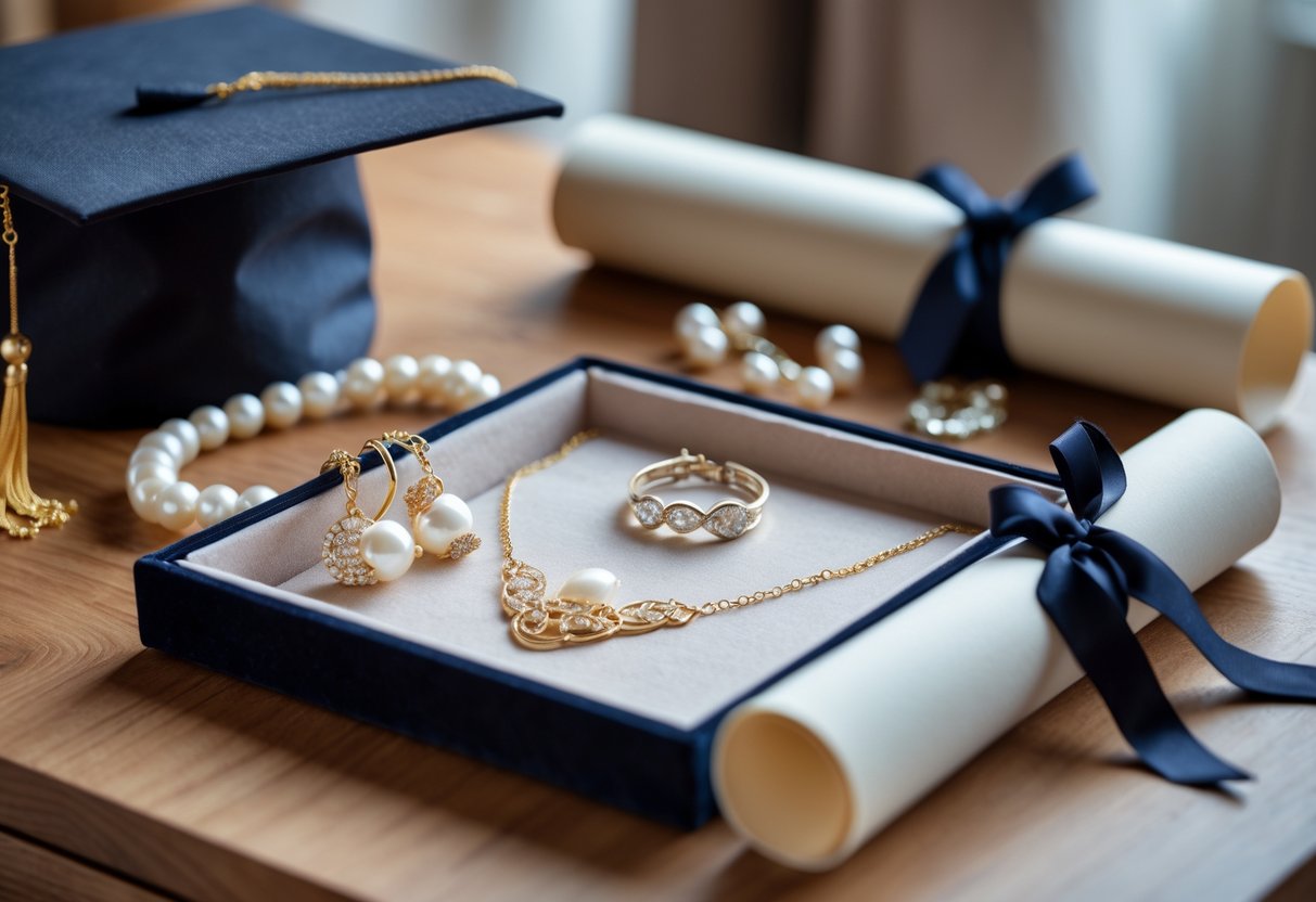 Close-up of elegant jewelry including a gold necklace, silver bracelet, and pearl earrings arranged on a velvet tray next to a graduation cap and rolled diploma on a wooden table.