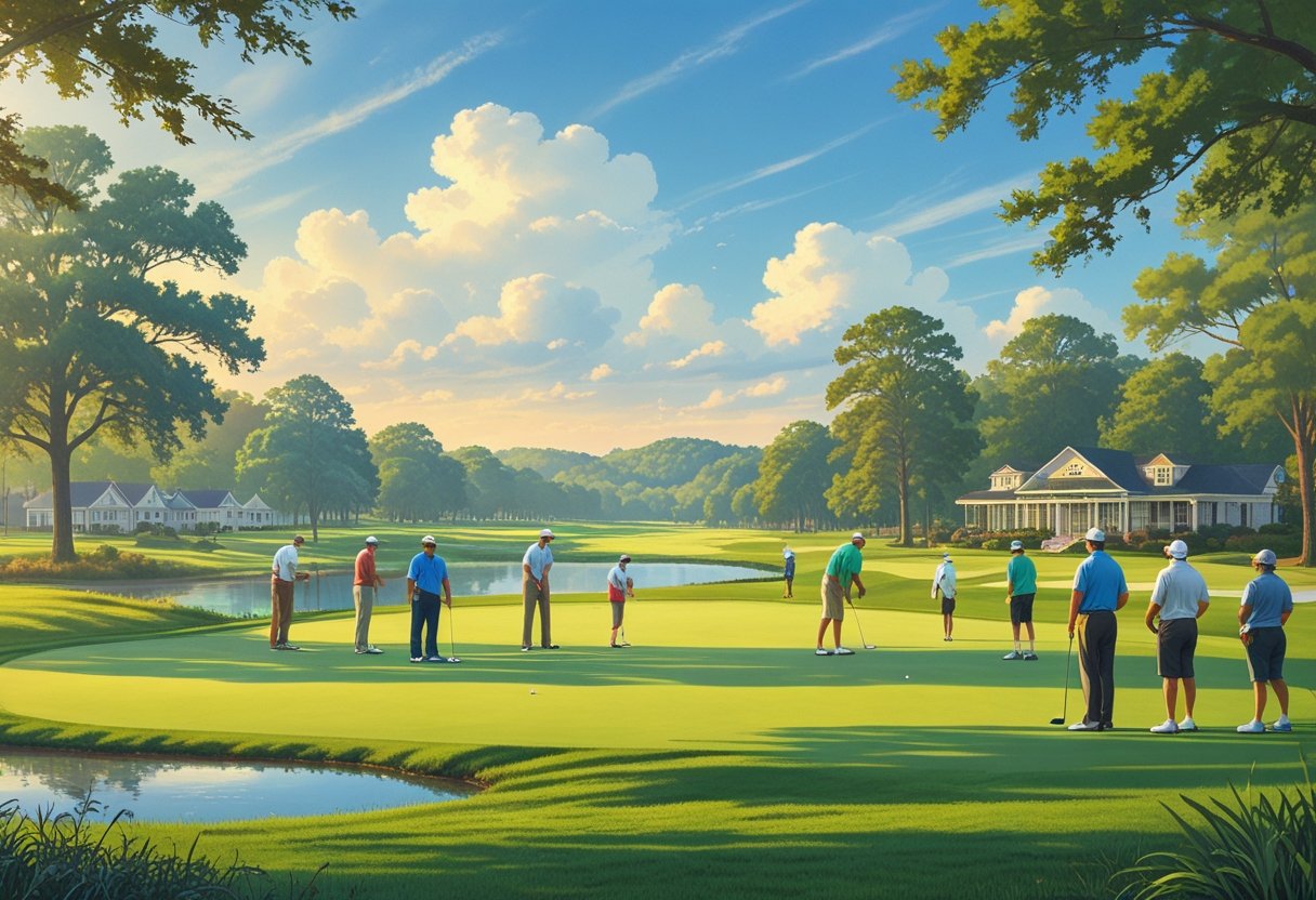 A scenic public golf course with golfers playing on green fairways surrounded by trees and hills under a clear sky.