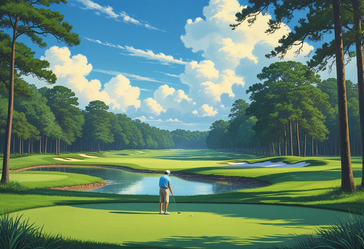 A golfer on a green fairway surrounded by pine trees and a pond at a public golf course in Colleton County, South Carolina.