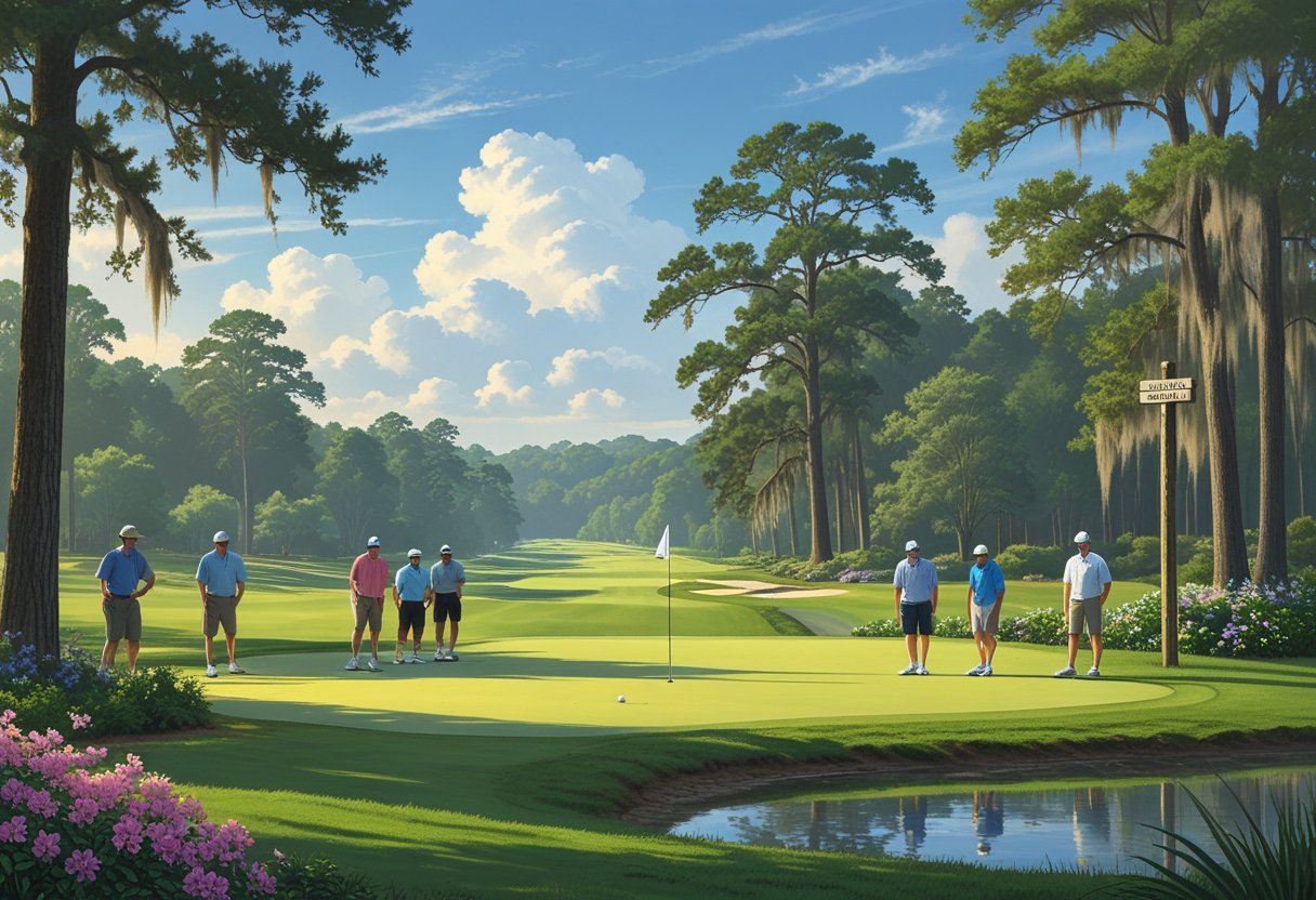 A peaceful public golf course in Colleton County with golfers playing on green fairways surrounded by trees and hills under a clear sky.