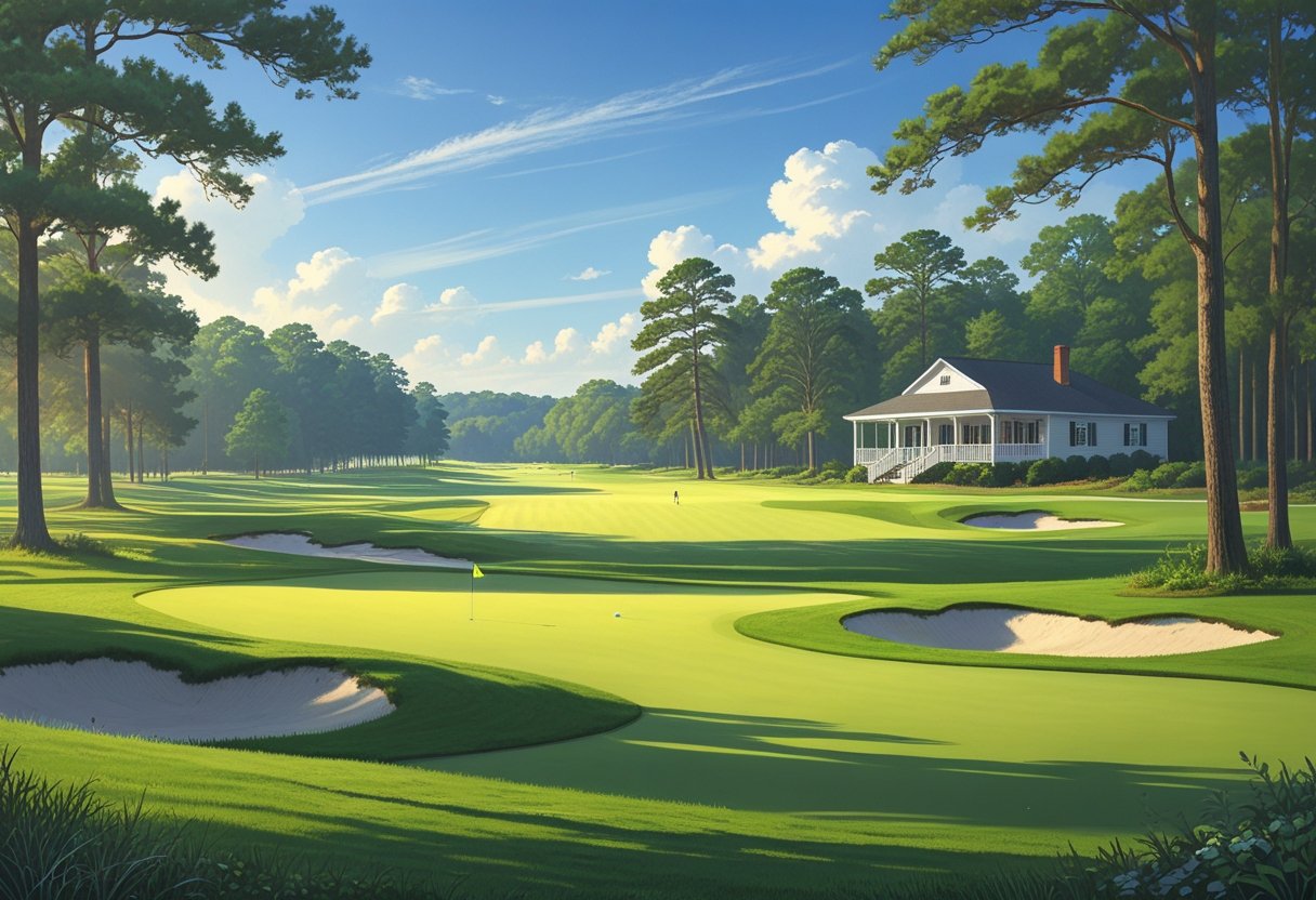 A peaceful golf course with green fairways, sand bunkers, trees, and a small clubhouse in the background under a clear sky.