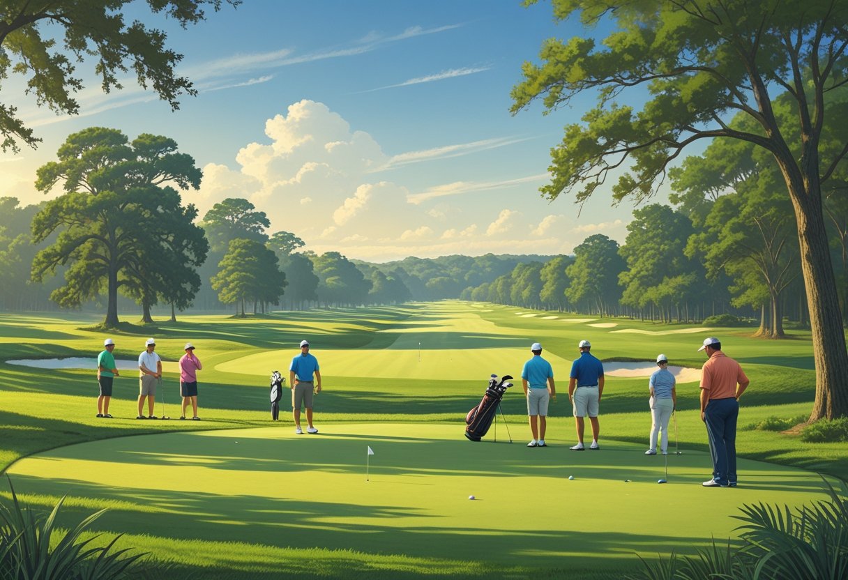 Golfers playing on a green fairway surrounded by trees and gentle hills at a public golf course in Dorchester County, South Carolina.