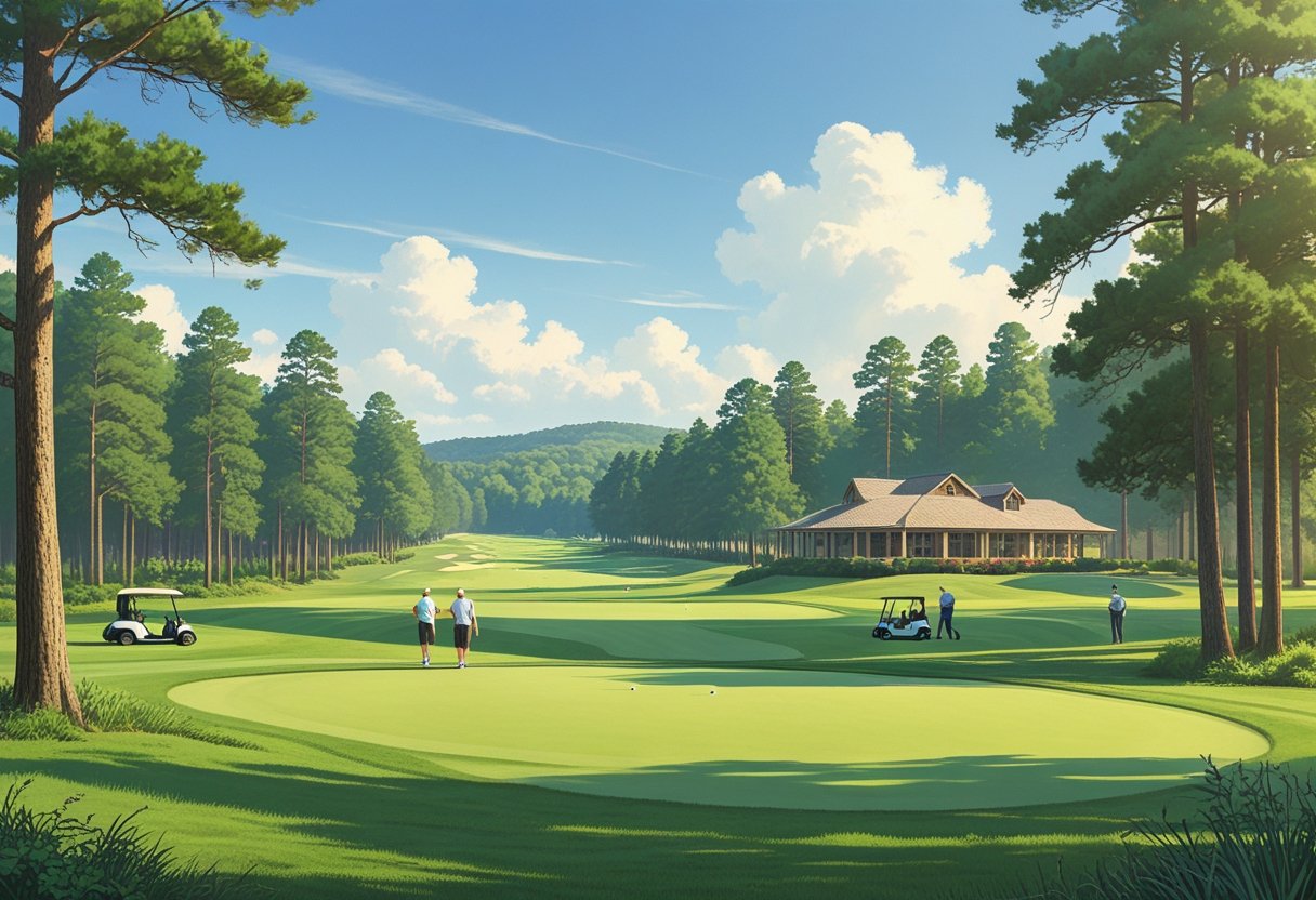 A public golf course with golfers playing on green fairways surrounded by trees and hills, with a small clubhouse in the background.