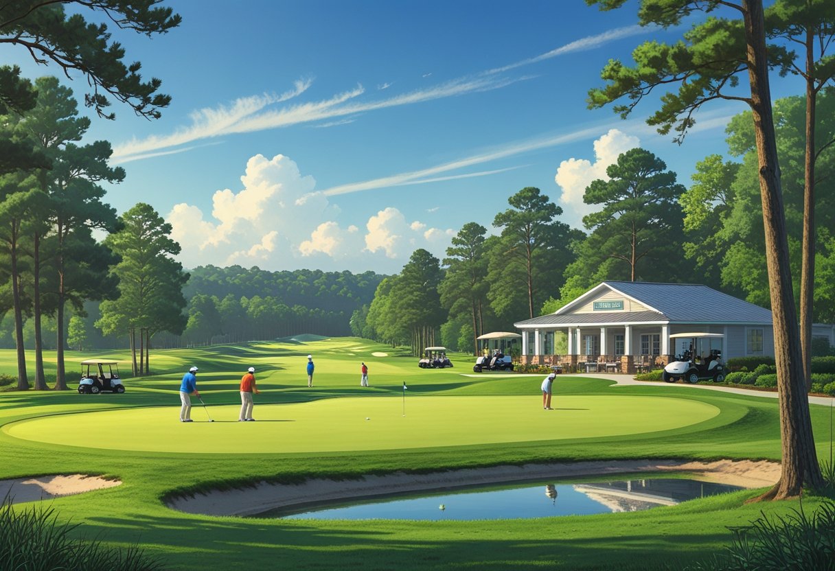 A peaceful public golf course with golfers playing, surrounded by trees, a clubhouse, golf carts, and well-kept greens.