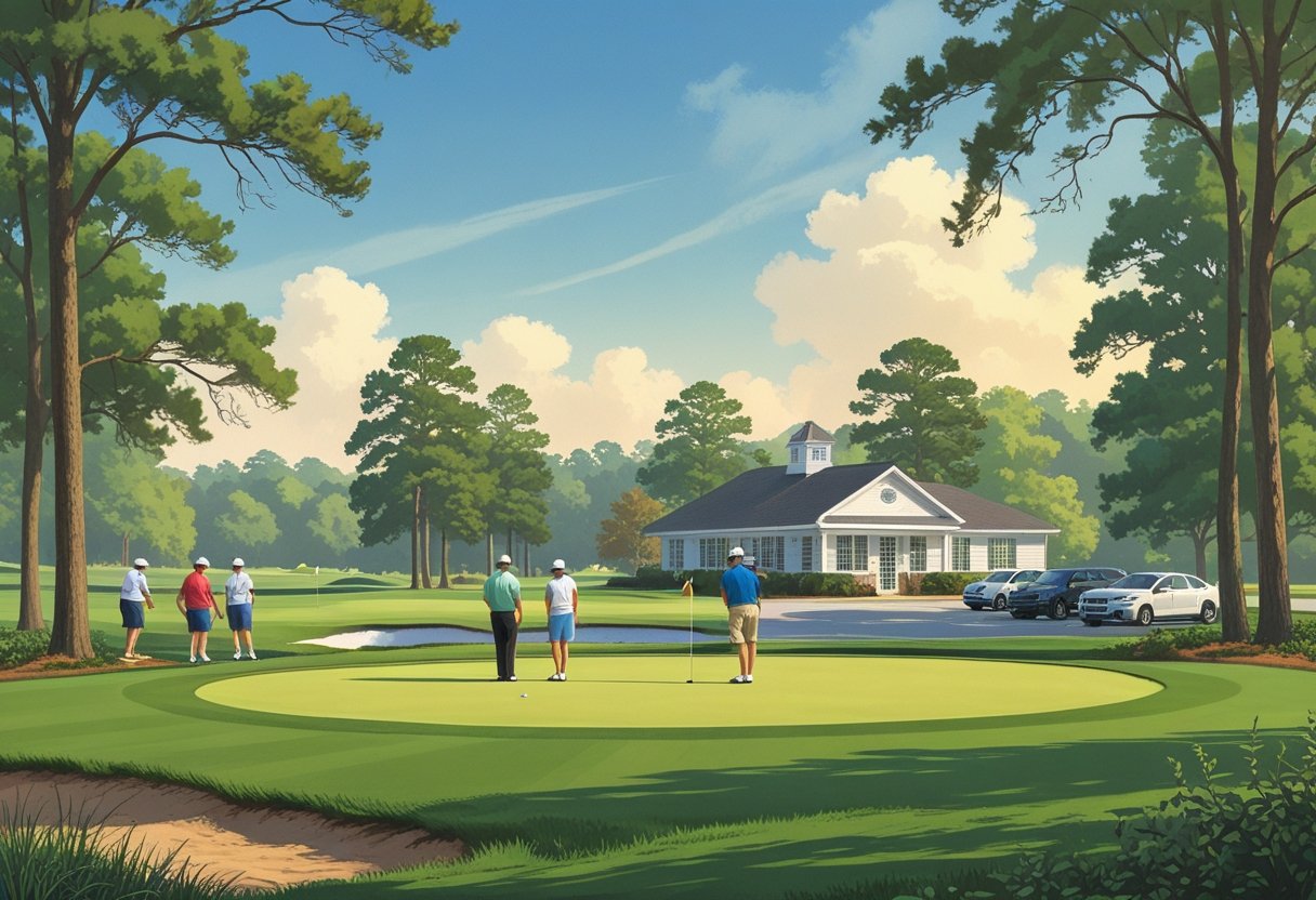 A peaceful public golf course in Bamberg County, South Carolina, with golfers playing on green fairways surrounded by trees and a modest clubhouse in the background.