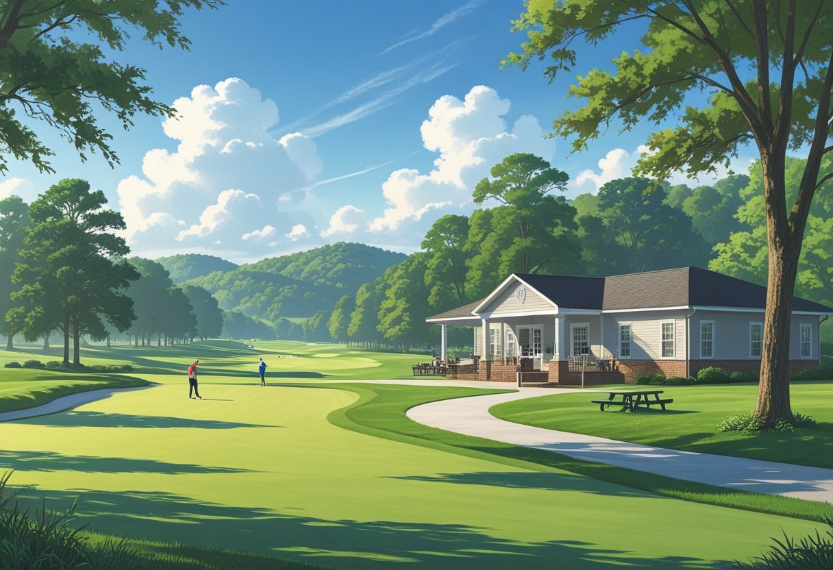 A peaceful public golf course with golfers playing, a clubhouse, golf carts, and trees in a rural setting.