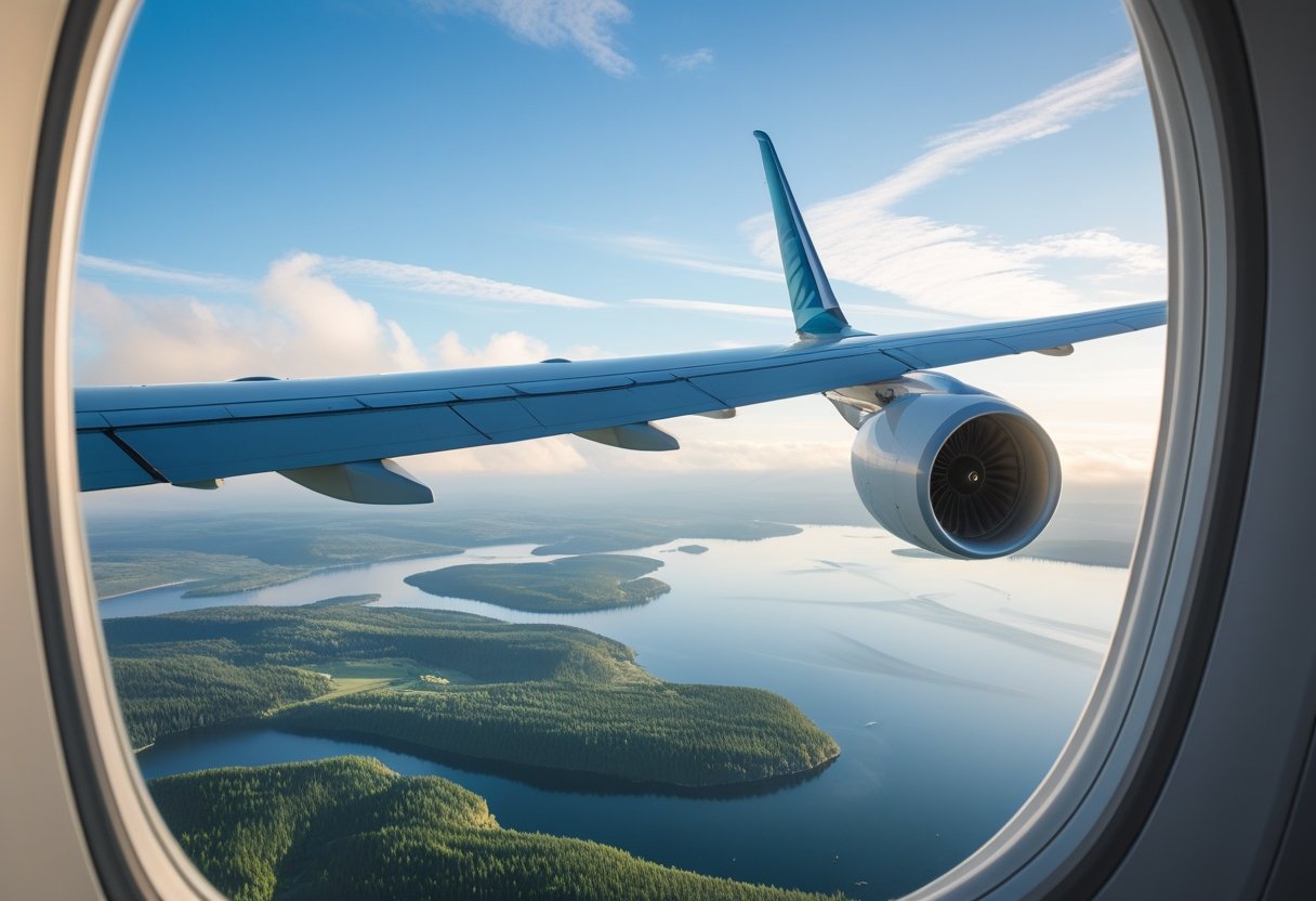 View from an airplane window showing the wing and a scenic landscape of forests and lakes below during a flight from Copenhagen to Oslo.